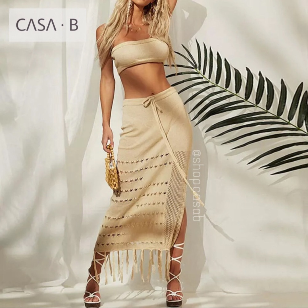 NEW 💫CASA B | ST. LUCIA Midi Knit Fringe Skirt Set in Sand - Picture 8 of 11